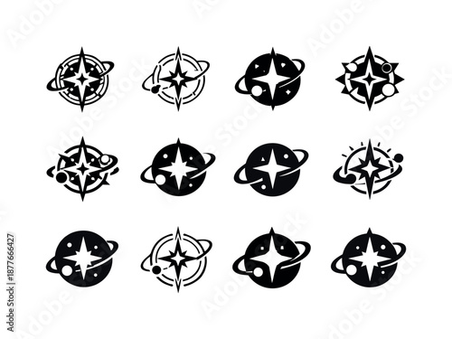 Intergalactic Travel Icons. Intergalactic travel. Icon set. Set Logo of Intergalactic travel: cosmic navigation compass. harmonious logo variations of the same