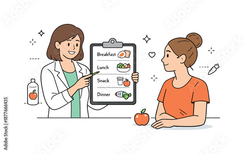 Nutrition Consultation Planning. Nutritionist consultation planning. Specialist pointing at a simple meal plan on a clipboard while client listens. Clear