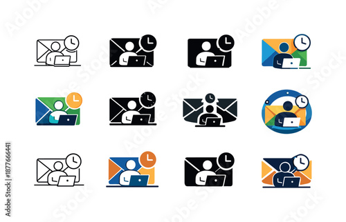 Email Response Icons. Responding to emails during work hours. Icon set. Set Logo of Responding to emails during work hours: organized inbox emblem. harmonious