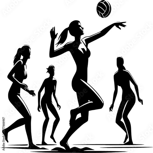 Volleyball Silhouette: A dynamic black and white silhouette captures the essence of teamwork and athletic prowess. The women are engaged in a volleyball game.