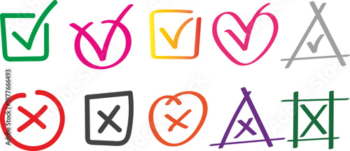 Hand drawn doodle colorful check mark and cross x sign collection set with various frames vector