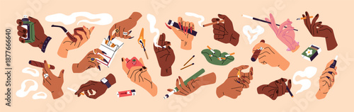 Hands holding cigarettes set. People are smoking cigars, vape pods, pipes and electronic cigs. Men and women with ecigarettes, matches and lighters in palms. Flat isolated vector illustrations