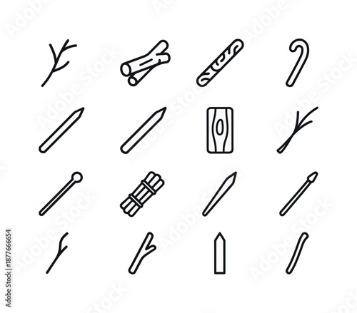 Wooden Stick Icons. Wooden Sticks. Line icon set of Wooden Sticks: tree branch, firewood, carved stick, rustic cane, sharpened stick, spear stick, wood plank,