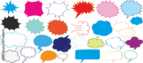 Hand drawn doodle colorful collection set of various speech bubbles, thought clouds, and comic burst shapes vector
