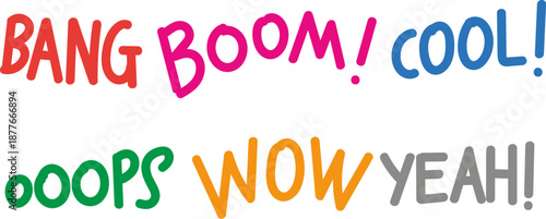 Hand drawn doodle colorful comic expression word text and typography collection set vector