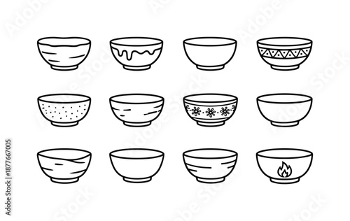 Ceramic Bowl Icons. Ceramic Bowl. Line icon set of Ceramic Bowl: handmade bowl, glazed bowl, pottery bowl, artisan bowl, textured ceramic bowl, rustic bowl,