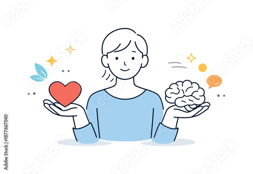 Mind Heart Harmony. Mental health awareness. Person gently holding a heart and a brain icon together, symbolizing balance between emotions and thoughts. Calm