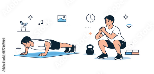 Home Workout Strength. Home workout strength. Person performing bodyweight exercises with controlled movements. Quiet determination and strength training in a