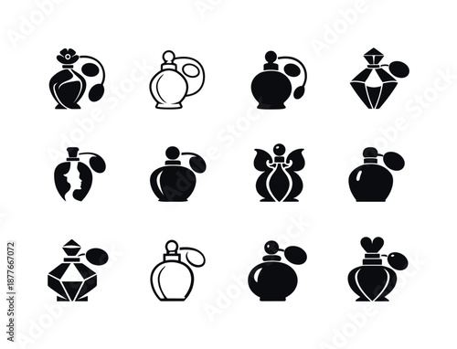 Feminine Beauty Icons. feminine beauty. Icon set. Set Logo of feminine beauty: perfume bottle silhouette. harmonious logo variations of the same emblematic