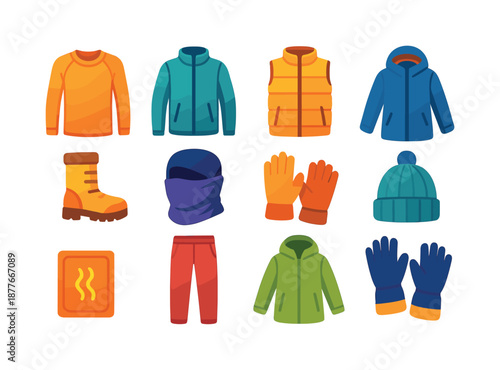 Cold Weather Gear Icons. Outdoor cold layering. Colorful flat vector icons set of outdoor cold layering: thermal shirt, fleece jacket, insulated