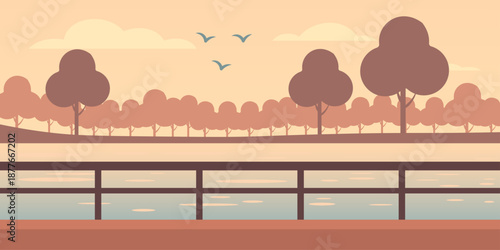 Canal railing silhouette illustration. Calm water surface with soft ripples. Tree silhouettes along the opposite bank. Relaxed urban nature balance scene.