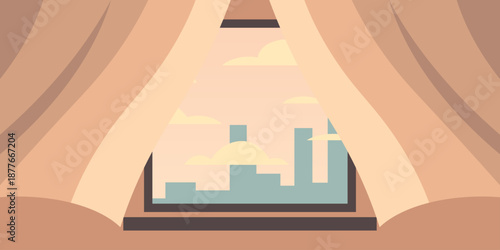 Window sill silhouette illustration. Wide interior frame edge. Light curtains billowing inward. Open sky and city outline beyond. Quiet indoor to outdoor transition scene.