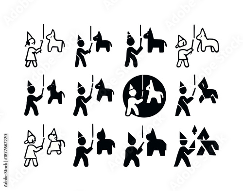 Birthday Party Icons. Kids at a birthday party. Icon set. Set Logo of kids at a birthday party: pinata. harmonious logo variations: Stylized detail,