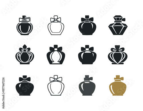 Perfume Bottle Icons. Perfume bottle. Icon set. Set Logo of Perfume bottle: elegant glass flacon. harmonious logo variations of the same emblematic concept,