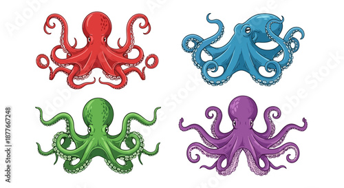 Colorful octopuses in playful cartoon style on black background
