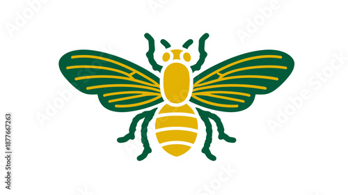Stylized insect illustration, featuring green and yellow wings and body, white background