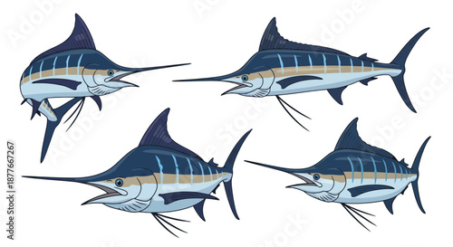Four blue marlin fish swimming in formation on black background