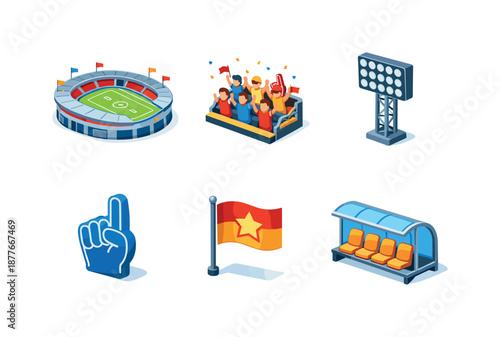 Stadium Icon Grid. Stadium action. Isometric flat vector icons set of Stadium action: football stadium, cheering crowd section, stadium floodlight, waving foam