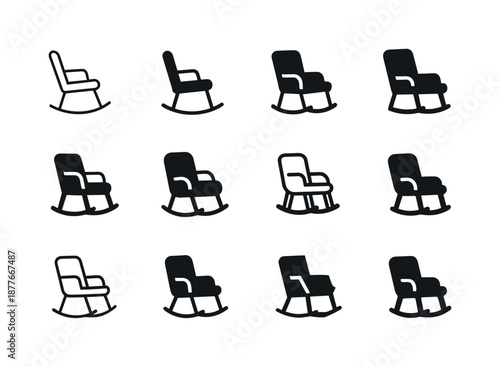 Rocking Chair Icons. A comfortable rocking chair in a nursery or reading room. Icon set. Set Logo of a comfortable rocking chair in a nursery or reading room: