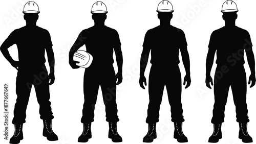 Set of Four Silhouette Construction Workers Standing in a Row Wearing Safety Helmets and Boots for Industrial Workforce Concept