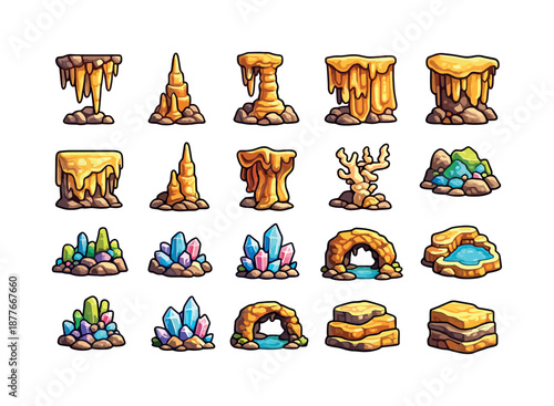 Colorful Cave Formations Icons. cave formations. Colorful isometric vector icons set of cave formations: stalactite cluster, stalagmite spike, column