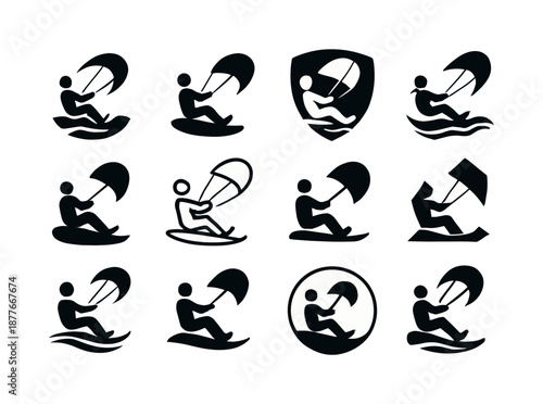 Snowkiting Logo Variations. Snowkiting on frozen lakes. Icon set. Set Logo of snowkiting on frozen lakes: gliding rider silhouette. harmonious logo variations