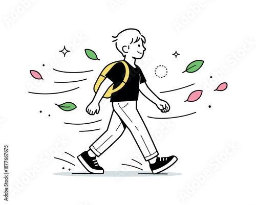 Spring Momentum. Spring energy. A character walking forward among floating leaves and petals, abstract motion lines showing movement. The scene suggests