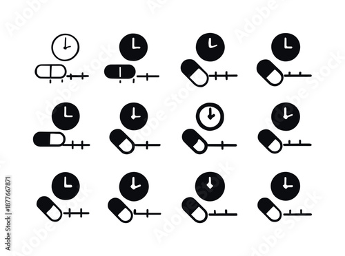 Medical Icon Grid. Timeline of medical treatment. Icon set. Set Logo of timeline of medical treatment: medication schedule timeline. harmonious logo variations
