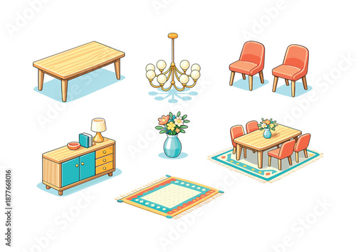 Bold Dining Icons. Dining Room Focus. Isometric flat vector icons set of Creating a Focal Point with Bold Furniture Pieces: large dining table, statement