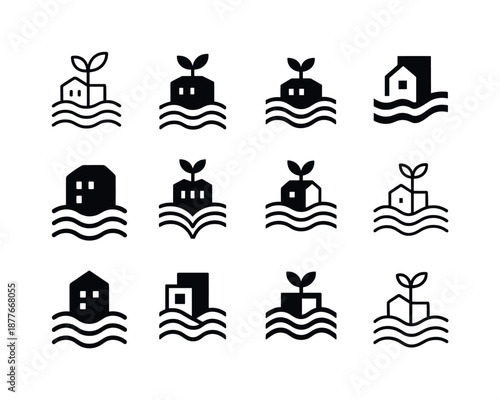 Urban Farming Logos. urban farming riptides. Icon set. Set Logo of urban farming riptides: rooftop garden waves. harmonious logo variations of the same