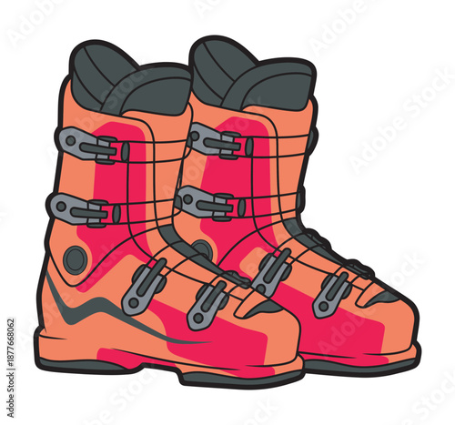 Vibrant red ski boots vector illustration, winter sports equipment for skiing, snow activities, cold weather adventures, mountain sports, outdoor gear.
