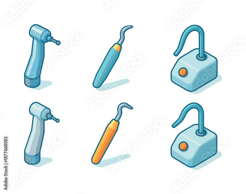 Isometric Dental Tool Icons. Dental tools. Isometric flat vector icons set of Dental tools: dental drill, scaler, suction tool. Arrange all isometric objects