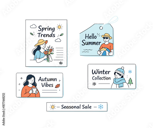 Modern Seasonal Design. Seasonal marketing campaign. A calm editorial composition showing documents, tags, or cards labeled with a seasonal theme, arranged