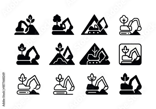 Sustainable Mining Icons. Mining operations and sustainable mining practices. Icon set. Set Logo of Mining operations and sustainable mining practices: