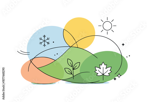 Seasonal Harmony Art. Seasonal harmony abstract art. Intersecting shapes and gentle curves symbolizing coexistence of all seasons. Calm, modern composition