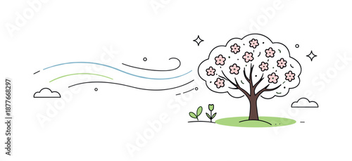 Springtime Serenity. Fresh spring morning. A minimal landscape with a tree in bloom and gentle wind lines moving through the scene. The mood suggests growth,