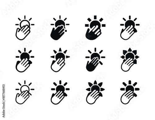 Sunscreen Application Icons. Applying sunscreen. Icon set. Set Logo of applying sunscreen: hand spreading lotion. harmonious logo variations of the same