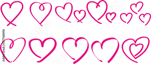Hand drawn doodle pink heart collection set with different shapes for romantic and wedding decoration vector