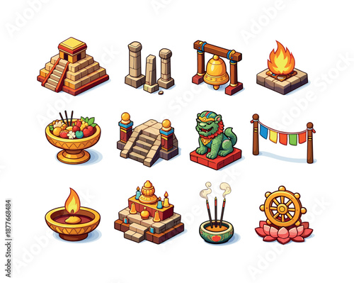 Colorful Temple Icons. Temple. Colorful isometric vector icons set of Temple: ancient temple, stone pillars, sacred bell, ritual fire, offering bowl, temple