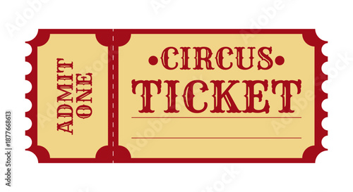 Classic vintage circus ticket template inspired by old carnival and circus admission passes. Elegant red and beige retro design with decorative borders and retro typography. Editable vector.