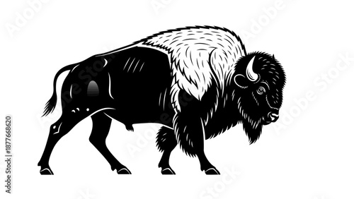 Black and White Bison Illustration Walking.