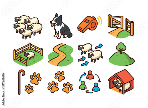 Colorful Herding Icons. Herding scenes. Colorful isometric vector icons set of herding scenes: sheep group, border collie figure, whistle command, open gate,