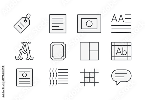 Monochrome Label Design Icons. Label design. Line icon set of Label design: packaging label, product text, logo placement, font hierarchy, decorative letters,