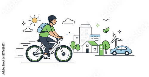 Eco-Friendly Bicycle Commute. Green transportation. A person riding a bicycle next to a simple cityscape, choosing eco-friendly mobility. Light, optimistic