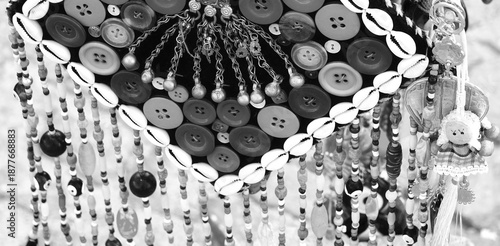 Obraz na plátně Ethnic Beaded Ornament Decorative Closeup Monochrome