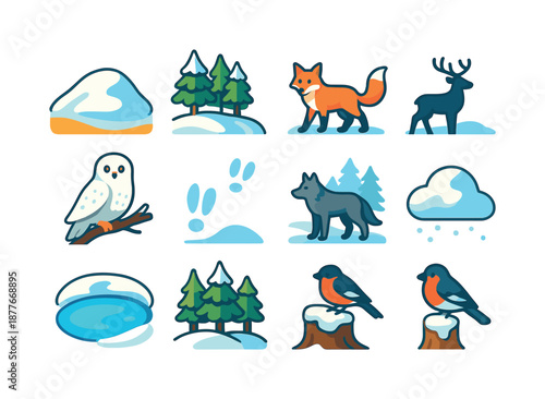 Winter Wildlife Icons. Snowy landscapes with animals in winter habitats. Colorful flat vector icons set of snowy landscapes with animals in winter habitats: