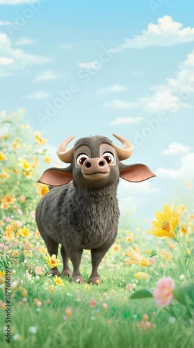A cute 3D cartoon buffalo is dancing and swaying on a grassy background.