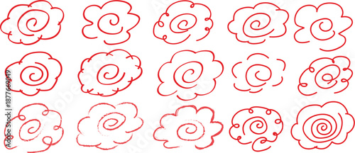 Hand drawn doodle red cloud spiral and decorative flower outline shape collection vector