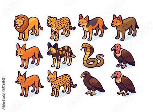Savanna Predator Icons. Savanna predators. Colorful isometric vector icons set of savanna predators: lion, cheetah, leopard, hyena, jackal, wild dog, cobra,
