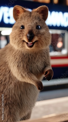 A quokka sits at a table holding a mobile device with bright lights visible in the background during nighttime © lililia